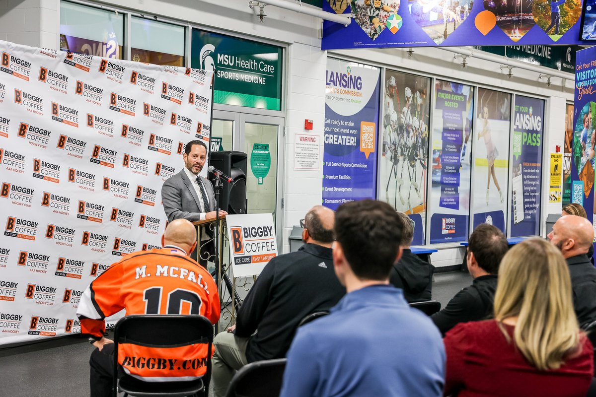 msuhealthcare's tweet photo. MSU Health Care Sports Medicine is proud to sponsor the newly renamed Biggby Coffee Ice Cube | East Lansing. Today’s celebration unveiled the new name, made possible with @BIGGBYCOFFEE, Biggby Coffee Hockey Club, and @_BBSG. @biggbyiceEL https://t.co/9kOTs55yxE