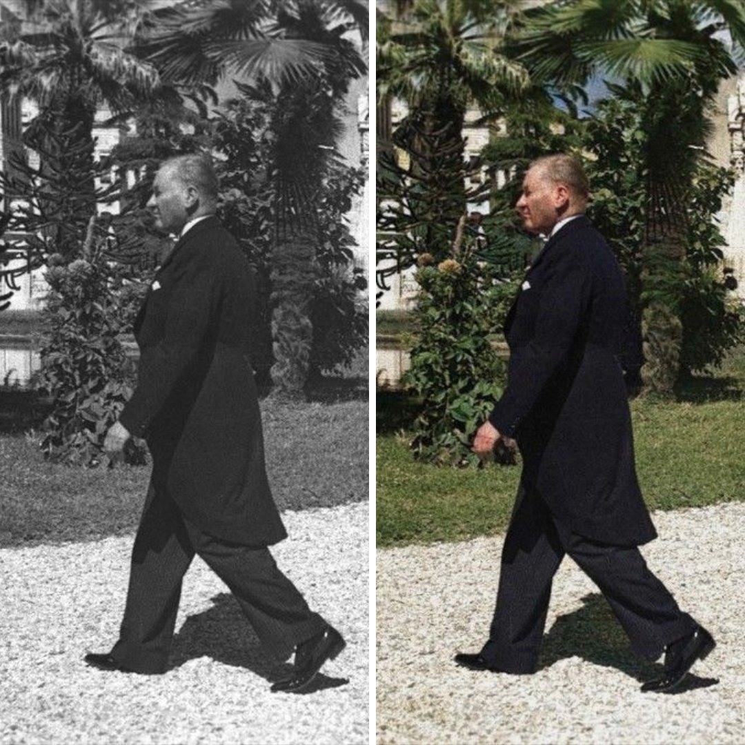 onedio's tweet photo. Ulu Önder Mustafa Kemal Atatürk'ün, 1936 yılında Dolmabahçe Sarayı bahçesinde çekilmiş olan fotoğrafı renklendirildi. https://t.co/wRqHDj7VSl