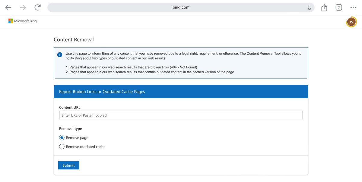 Weird, when you search for Bing Webmaster Tools in Google, if you happen to be logged into your account, the first link to Bing takes you to the content removal page o.O