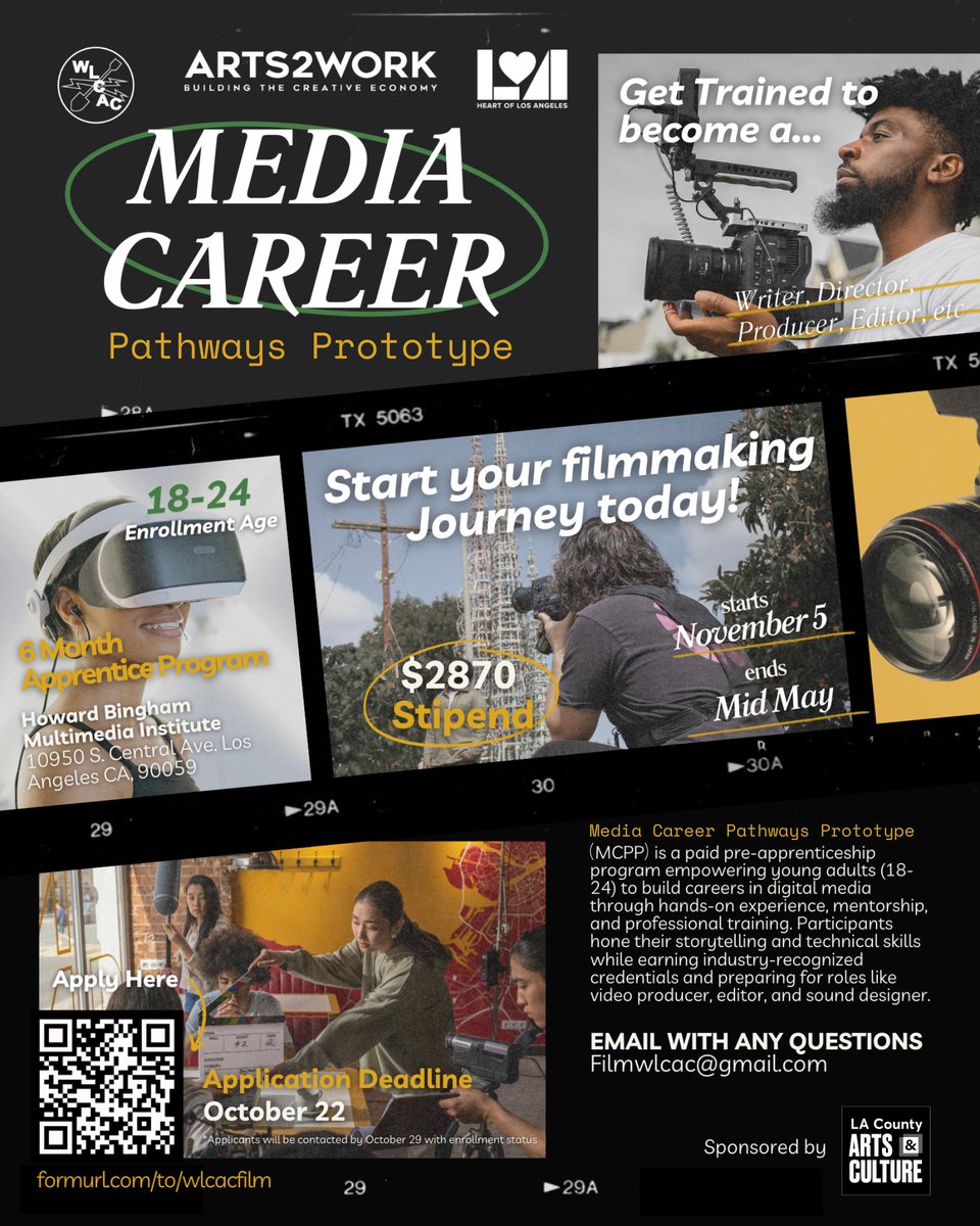 For LA creator friends: the Watts Labor Community Action Committee and Arts2Work team manifested  a special 6 Month (paid) Apprentice Program and are looking for qualified applicants.  Details below. 
#media #mediacareer #mediatraining #filmmaking #Watts #LA #apprenticeship