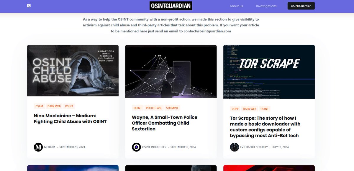 As a way to help the OSINT community we decided to give visibility to third party articles related to OSINT and the fight against CSAM, it is a list of articles that each redirect to the original article blog.osintguardian.com #OSINT4Good