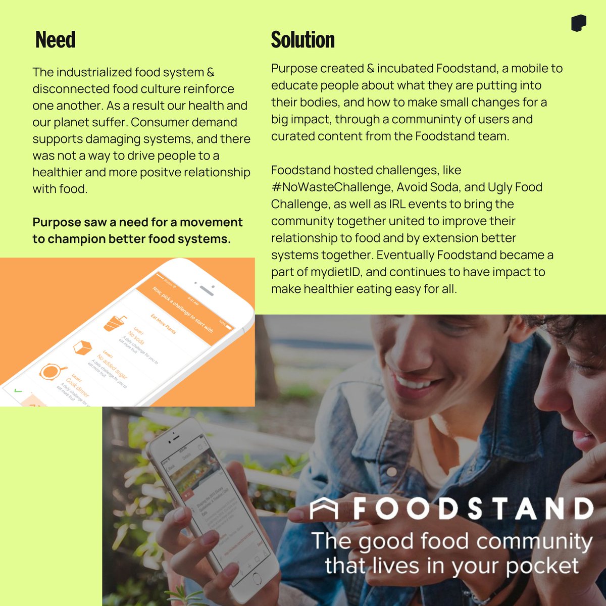 Purpose's tweet image. Food systems impact our planet &amp;amp; health. 🌱 On #WorldFoodDay, we look back at @TheFoodstand, an app we created to promote healthy eating &amp;amp; sustainable choices. 🍏 Learn how you can shape change too: bit.ly/3zQDkxn 

#SustainableEating #FoodSystems #ClimateAction