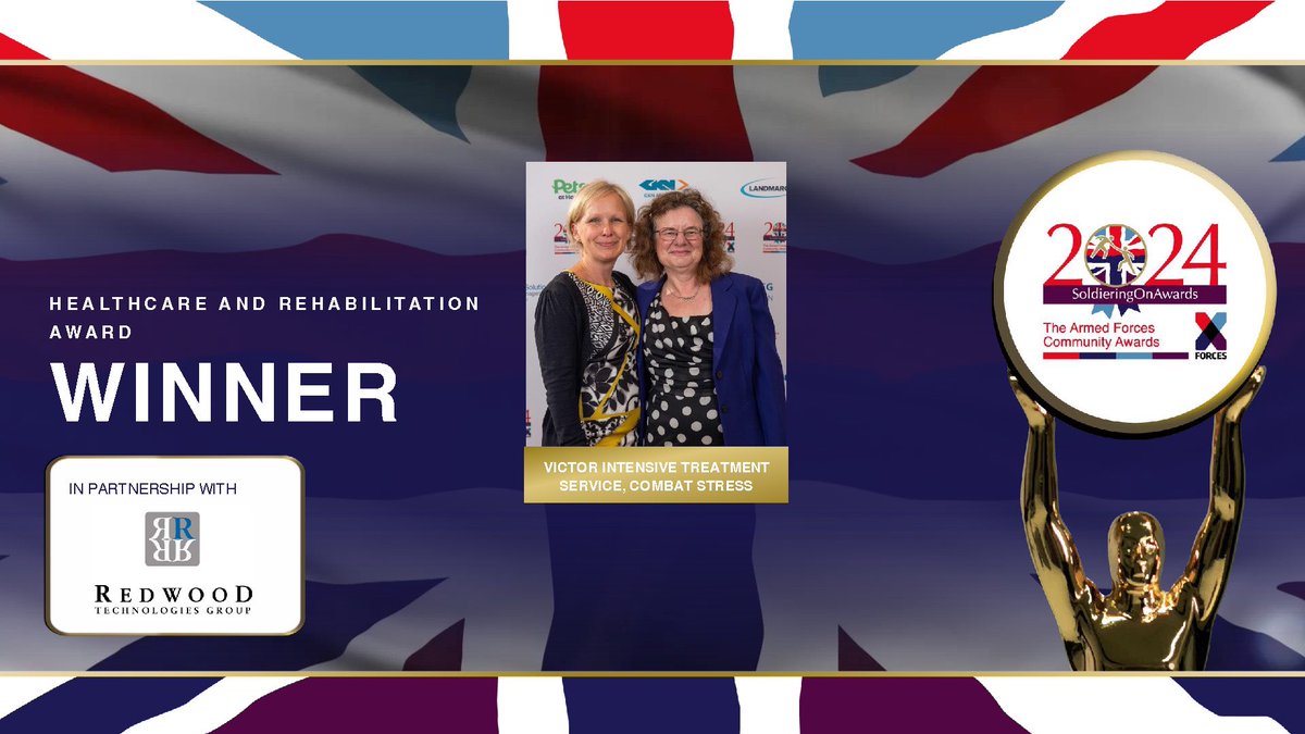 Now it's the Healthcare &amp; Rehabilitation Award, in partnership with <a href="/rtchirp/">Redwood Technologies</a> And the winner is... <a href="/combatstress/">Combat Stress</a> VICTOR Intensive Treatment Service 🏆 Congratulations from all of us at #SoldieringOnAwards 🎊