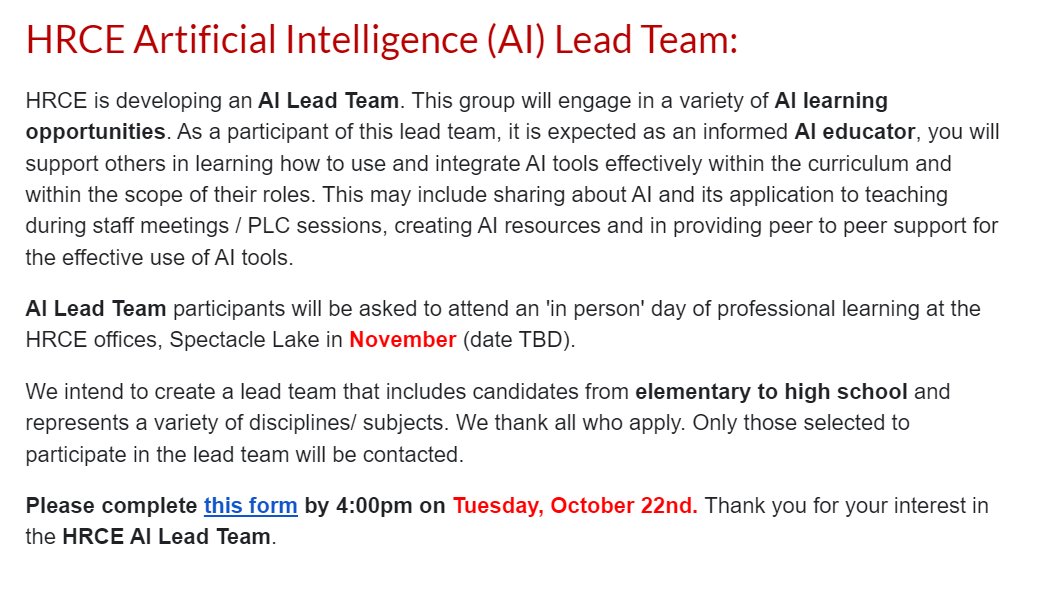 Want to be part of the HRCE AI Lead Team?  The application is in the latest program memo.  Deadline is Tuesday October 22nd.
