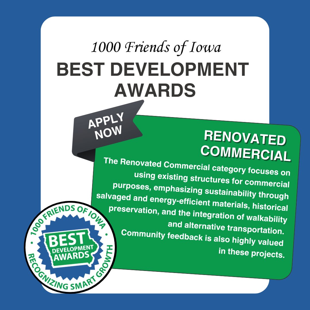 1000FriendsofIA's tweet photo. Have you turned an existing structure into a sustainable commercial space? The Renovated Commercial category of the 2025 Best Development Awards celebrates projects using salvaged materials and energy-efficient tech.

Deadline: 11/15
Apply now: https://t.co/ZMo6fAsRlG https://t.co/529TgYBNYH