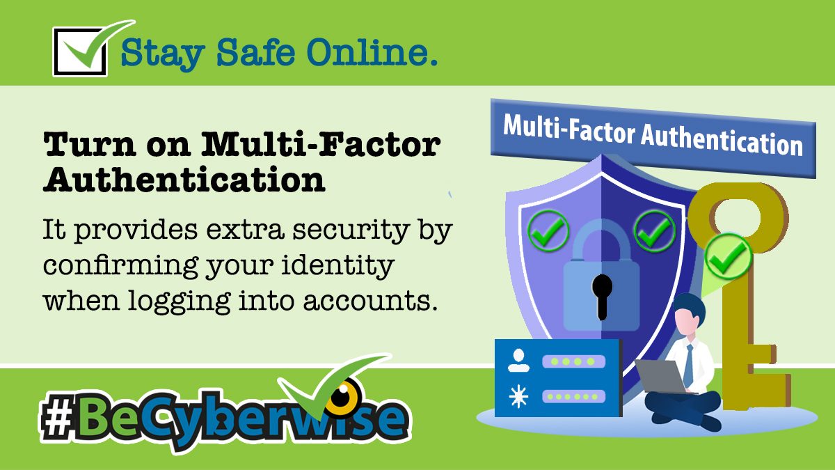 adamstelephone's tweet image. Make it harder for cybercriminals to access your accounts by adding an extra login step beyond your password to confirm that it's you. MFA can be a text, a PIN or a security question. Learn more at bit.ly/3YlAnhu  #MoreThanAPassword #EnableMFA #BeCyberwise