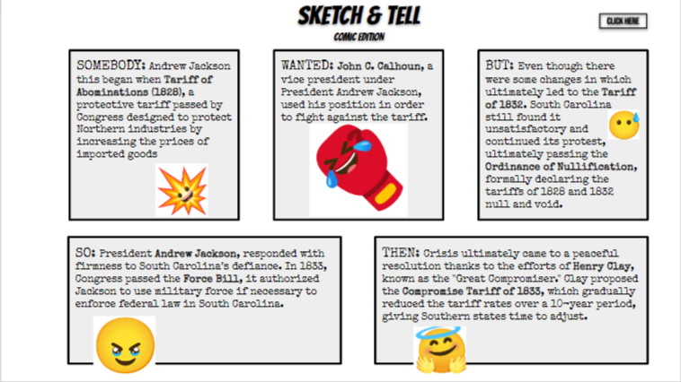 JustinUnruh16's tweet image. Today in APUSH we used #SketchandTell-0 and Sketch and Tell comics to showcase:
✅Indian Removal Act
✅Bank War
✅Nullification crisis