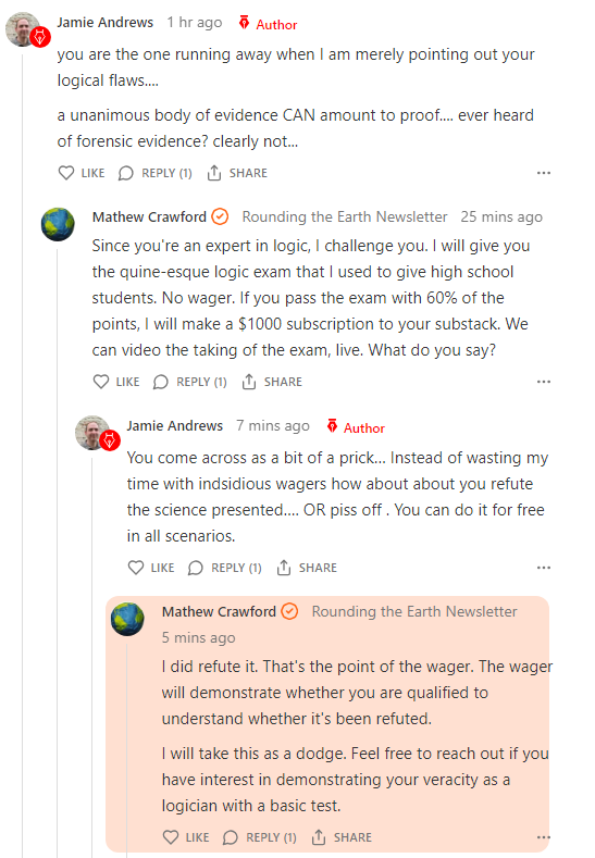 EduEngineer's tweet photo. One of the "No Virus" people tells me that I'm making a fallacy. Doesn't understand that I used to write curriculum on predicate logic for advanced math students. I challenge him to take one of my exams to demonstrate his competence. He runs away cursing. #NoVeracity https://t.co/JOzQ9XDrJN