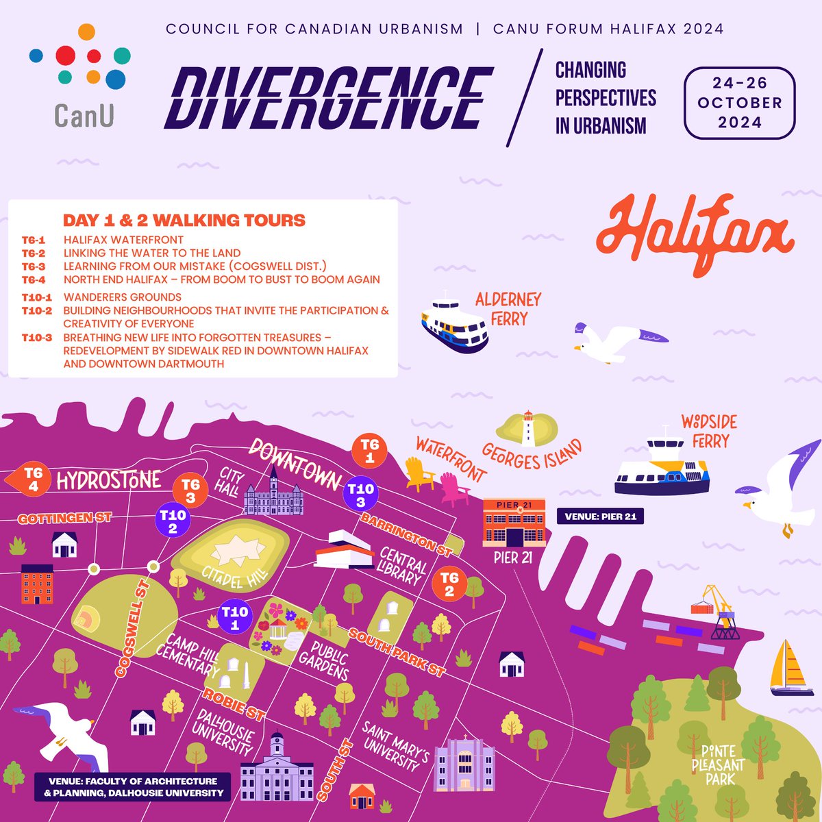 Join our walking tours at Day 1 &amp; 2 afternoons to know more about urbanism in downtown Halifax!
*Sign up for walking tours at the reception, Spots are first come, first served!
Find out more at: canu.ca/forum2024-prog…