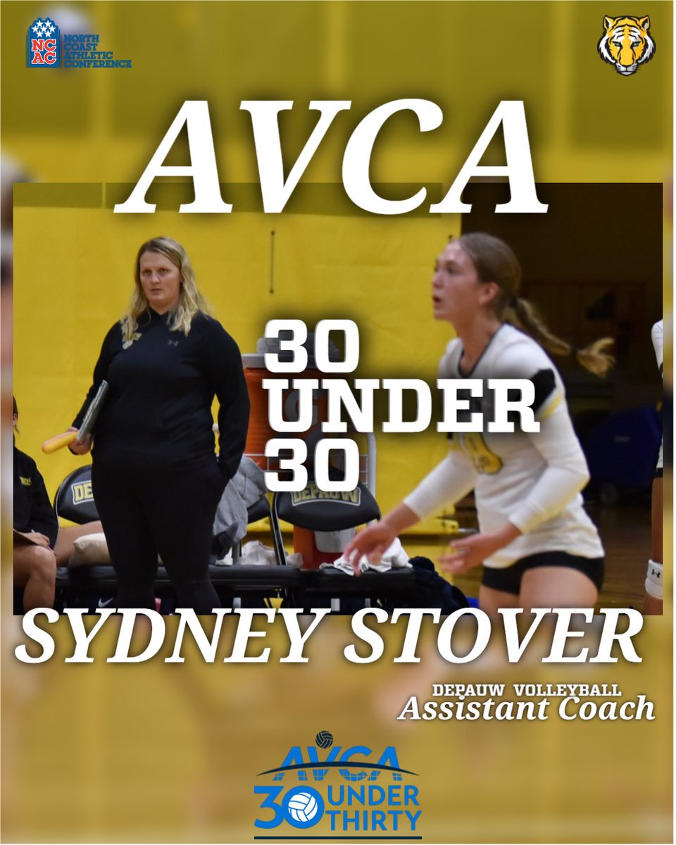 DePauwAthletics's tweet photo. Congratulations are in order for @DePauw_VB assistant coach Sydney Stover!! Stover has been selected as a recipient of the @AVCAVolleyball 30 Under 30 Award!!
Read more about Coach Stover at https://t.co/TLR84MWKoI!
#TeamDePauw #d3vb #GoldWithin https://t.co/uXAgHz9RV2