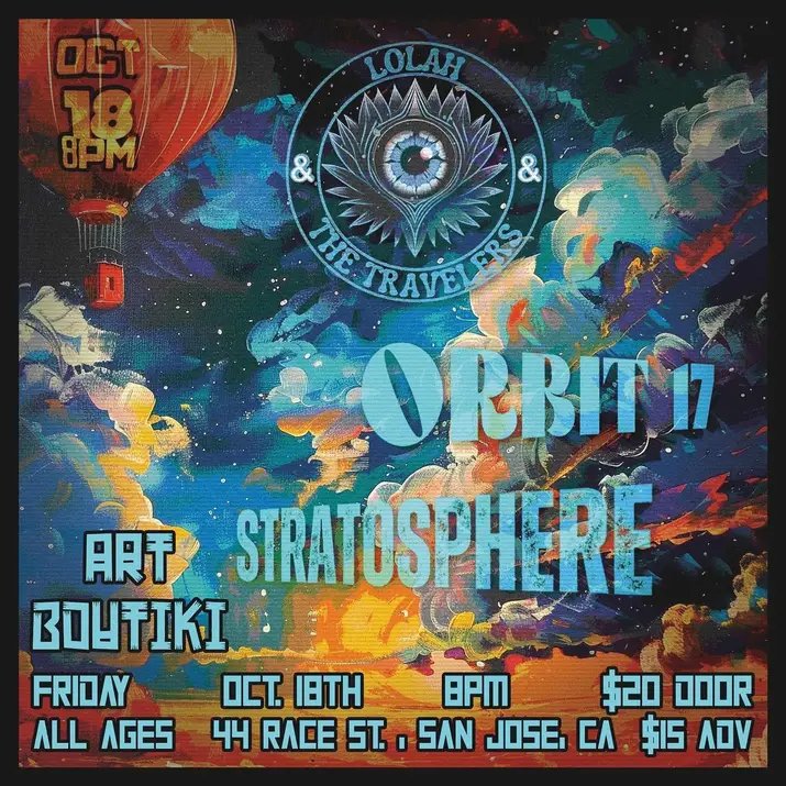 AceRealityCheck's tweet photo. #Lolah & TheTravelers play @artboutiki in #SanJosé w/ #Orbit17 and #Stratosphere (the band) FRI October 18 at 8PM! https://t.co/FphGULdZLE