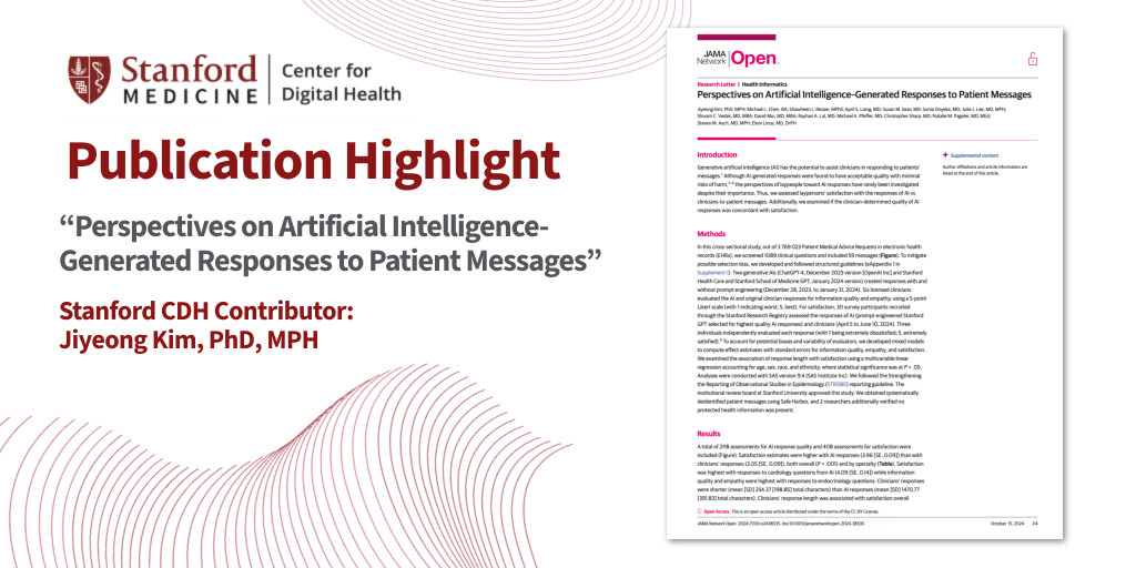 Stanford Center for Digital Health (@stanfordcdh) on Twitter photo New study from #StanfordCDH finds AI-generated responses to patient messages show higher satisfaction than clinician responses. Could AI improve patient-clinician communication? <a href="/JKim_1003/">Jiyeong Kim, PhD, MPH</a>, <a href="/StanfordKidCMIO/">Natalie Pageler MD</a> #HealthInformatics #AIinHealth <a href="/JAMANetworkOpen/">JAMA Network Open</a> bit.ly/4h7bTzQ New study from #StanfordCDH finds AI-generated responses to patient messages show higher satisfaction than clinician responses. Could AI improve patient-clinician communication? <a href="/JKim_1003/">Jiyeong Kim, PhD, MPH</a>, <a href="/StanfordKidCMIO/">Natalie Pageler MD</a> #HealthInformatics #AIinHealth <a href="/JAMANetworkOpen/">JAMA Network Open</a> bit.ly/4h7bTzQ