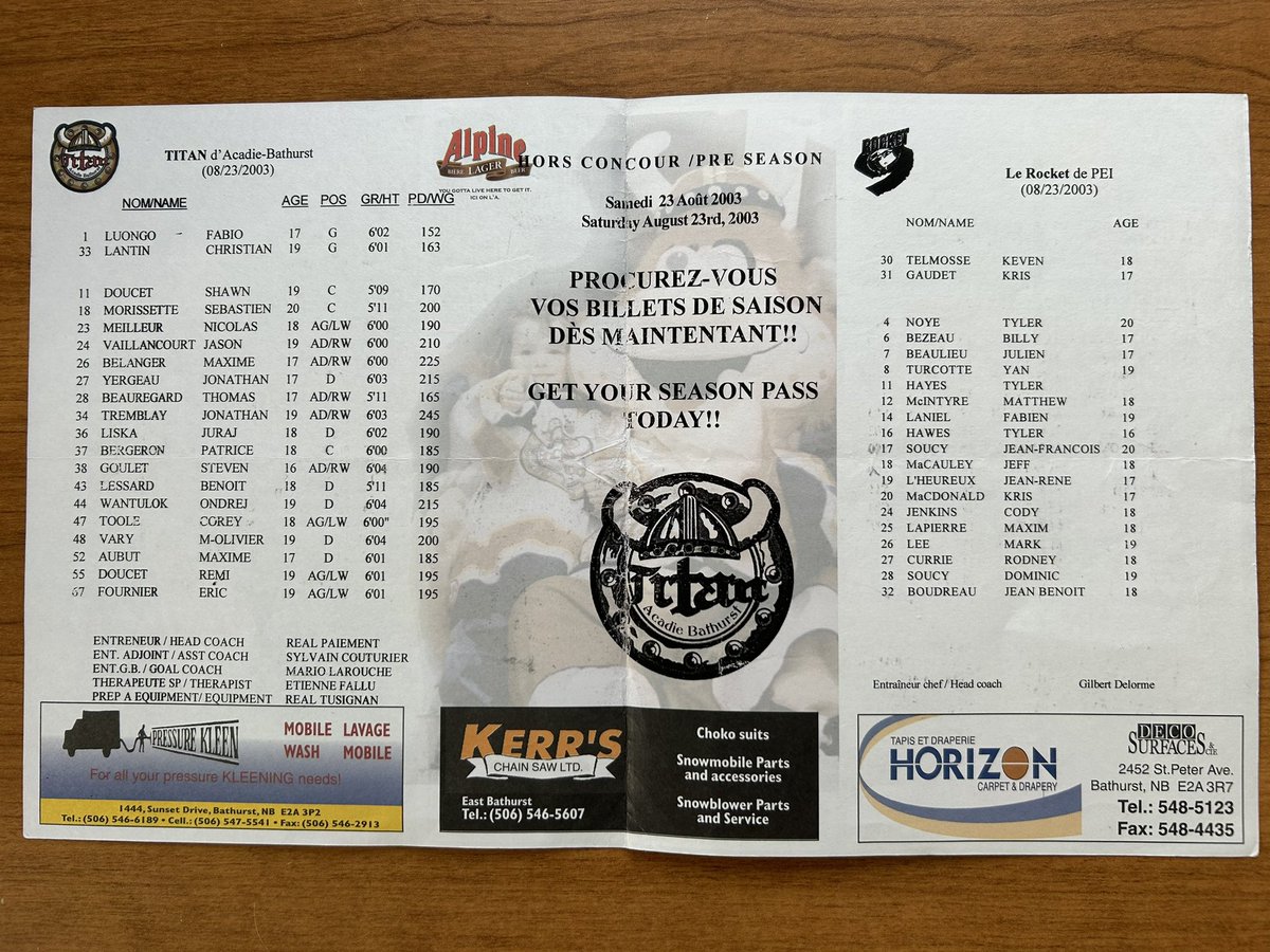 Claude6Landry's tweet photo. 23 Août 2003
#PatriceBergeron Titan
#ThomasBeauregard Titan
#MaximLapierre PEI Rocket
#GilbertDelorme Coach
PEI Rocket https://t.co/5TB11sHgBE