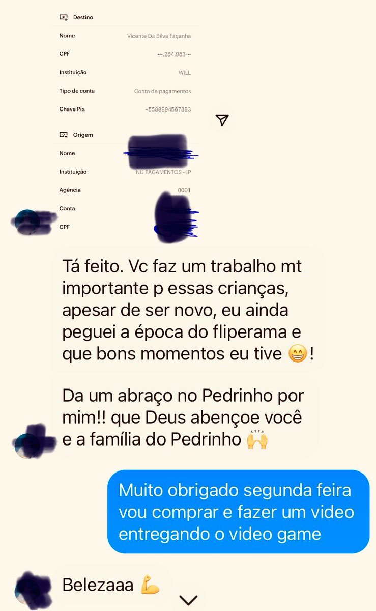FacanhaVicente's tweet image. Esse seguidor que virou um amigo sem eu nem conhecer ele,mas até hoje sempre tá patrocinando horas grátis pra criançada 
Veja a conversa que tive com ele no dia que ele me mandou uma mensagem dizendo que iria mandar o dinheiro para comprar o PlayStation5 do Pedrinho,detalhe eu…