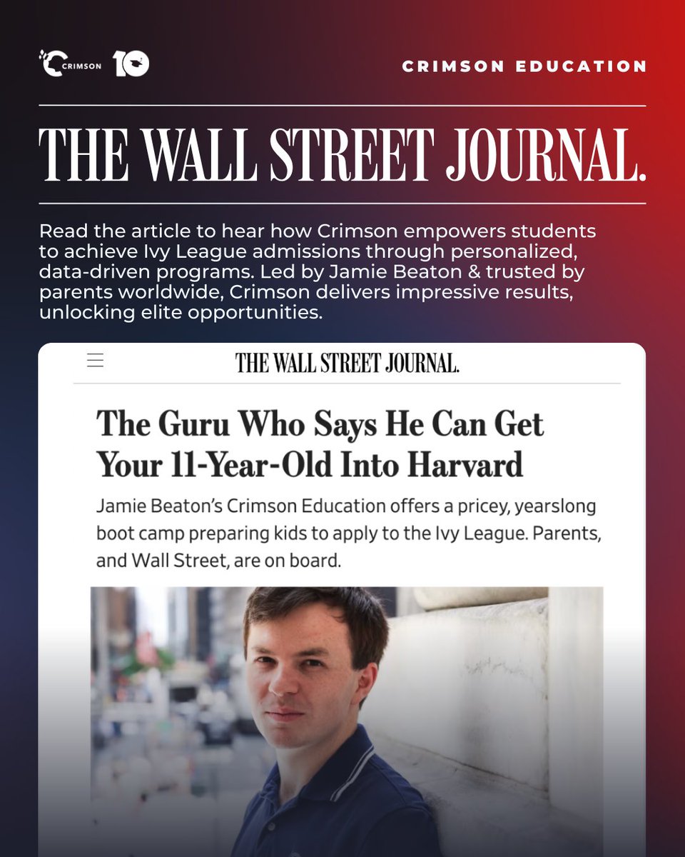 Crimson Education (@crimsonedu) on Twitter photo The Wall Street Journal just released an incredible feature on our very own founder and CEO, Jamie Beaton! Read the full story now: on.wsj.com/4foJKmv The Wall Street Journal just released an incredible feature on our very own founder and CEO, Jamie Beaton! Read the full story now: on.wsj.com/4foJKmv