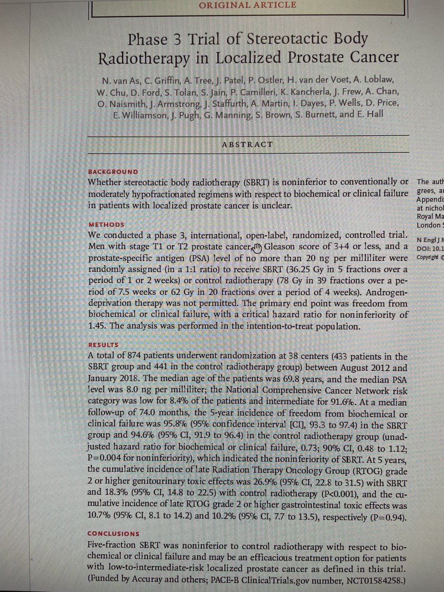 ChadTangMD's tweet photo. Hot off the press. Pace-b efficacy results from ⁦@NEJM⁩. Five fraction Sbrt shown to be non-inferior to standard fraction radiation. Huge congrats to the study team ⁦@EmmaHall71⁩ ⁦@alison_tree⁩ ⁦@DrAndrewLoblaw⁩ and many others. https://t.co/jTBKuMApQN