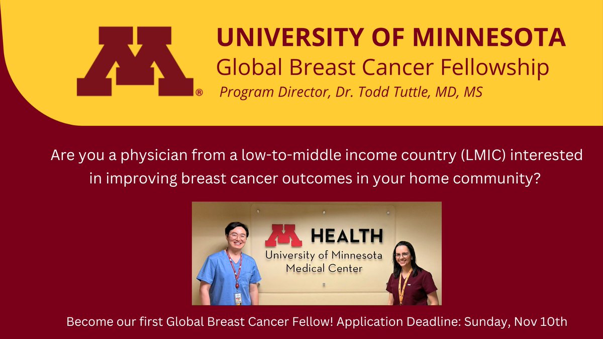 We are pleased to announce our innovative Global Breast Cancer Fellowship is now open for applications for physicians from LMICs!

To apply, visit our website: z.umn.edu/9w6i

#globalsurgery #globalhealth #breastcancer