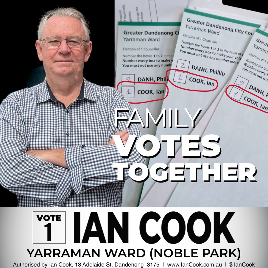 FairGoParty's tweet photo. It's a great privilege to seek your vote. If you haven't voted yet, please mark '1' next to COOK, Ian, and '2' next to DANH, Phillip. Thank you for considering me. Best, Ian Cook
#noblepark #dandenong #IanCook #councilelections #CookForCouncil https://t.co/t6M2bmTNmx