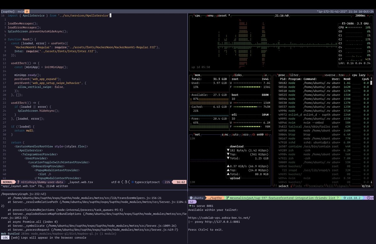 thebatdev's tweet image. running a ubuntu vps as a development env with @neovim_btw, tmux, @Tailscale @expo for web.