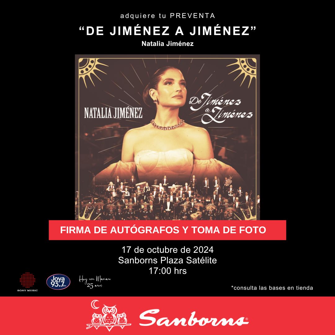 Joya937FM's tweet photo. 💿 ¡Conoce a @NataliaJimenez este 17 de octubre en Sanborns Plaza Satélite! Escucha Joya 93.7 y gana accesos VIP para su firma de discos. 🎶✨ https://t.co/huV9fj1C5Y