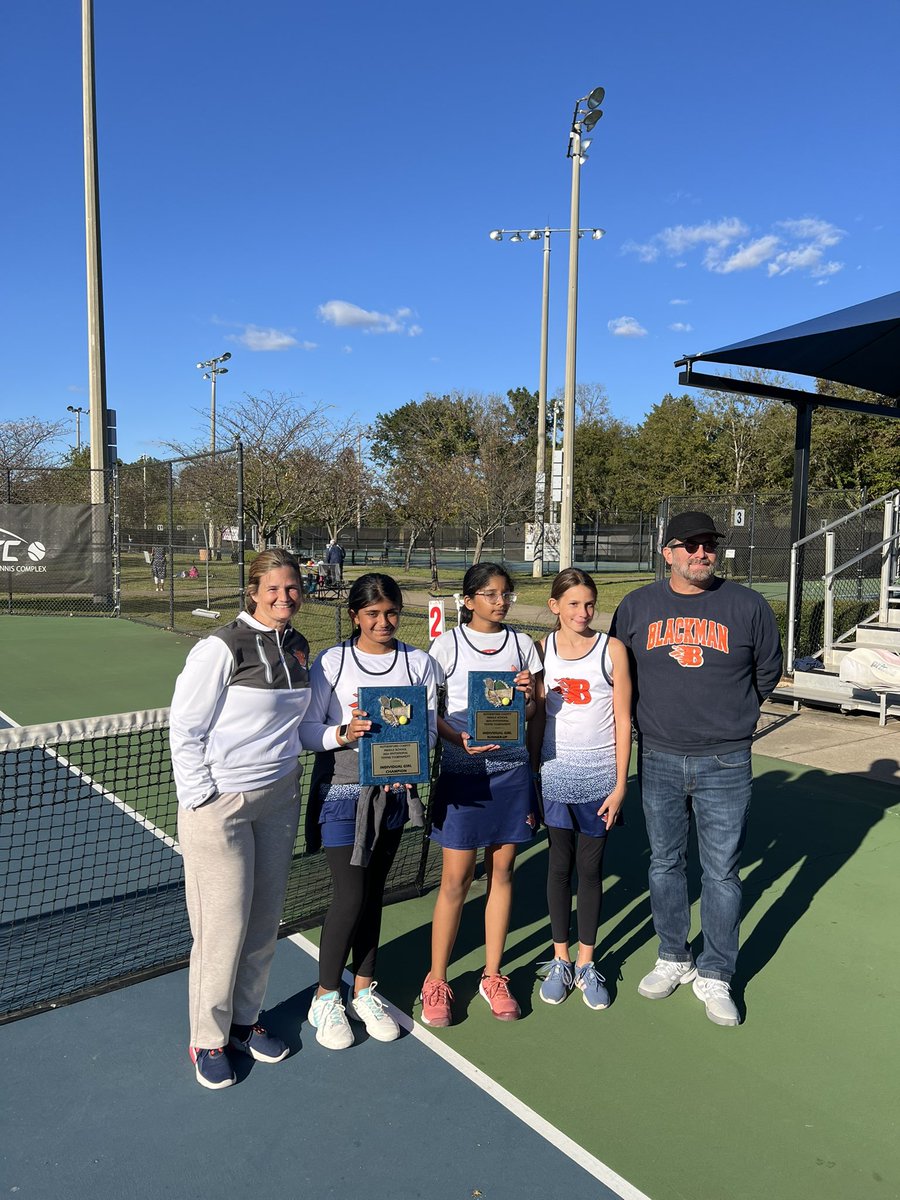 BMSTennis's tweet photo. We are the champions!  First Place in the District Tournament for Salena &amp; Runner Up for Jagathi!  Way to go Flames! 🧡💙🔥🎾 #WeAre Blackman https://t.co/RwNQmgf7mB