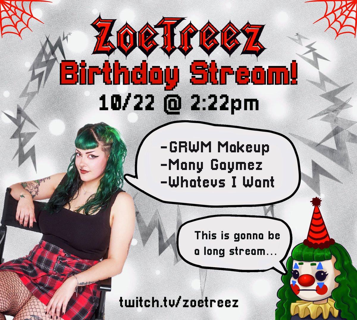 zoetreez's tweet photo. ⚡️My birthday approaches!⚡️

what better to do than hang with the homies and have some drinks 🖤

i’ll be playing a few different gaymez and if we have enough folks around, we may dive into some community gaymez too! 

can’t wait to vibe on my special day 💋 https://t.co/DAsbCgtnIr