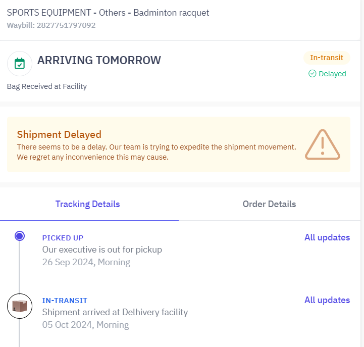 TejasviLive's tweet photo. @delhivery 
My order no - 2827751797092 from Pune to Bangalore was picked up on 26th sept and it hasn't reached me till date. I have been wasting my time with support team and all they say - "We are sorry for any inconvenience caused." By when will I get my parcel? This year? https://t.co/9q8YUssdlQ