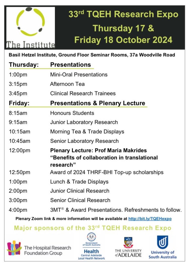 Basil Hetzel Institute (@bhiresearch) on Twitter photo Join us at 1pm for the 33rd annual TQEH Research Expo
<a href="/SAHealth/">SA Health</a> <a href="/CentralAdlLHN/">Central Adelaide</a> <a href="/hosp_research/">The Hospital Research Foundation Group</a> <a href="/UniofAdelaide/">Uni of Adelaide</a> <a href="/UniversitySA/">UniSA</a> #BHIresearch #TQEHresearch #TQEHExpo2024 Join us at 1pm for the 33rd annual TQEH Research Expo
<a href="/SAHealth/">SA Health</a> <a href="/CentralAdlLHN/">Central Adelaide</a> <a href="/hosp_research/">The Hospital Research Foundation Group</a> <a href="/UniofAdelaide/">Uni of Adelaide</a> <a href="/UniversitySA/">UniSA</a> #BHIresearch #TQEHresearch #TQEHExpo2024
