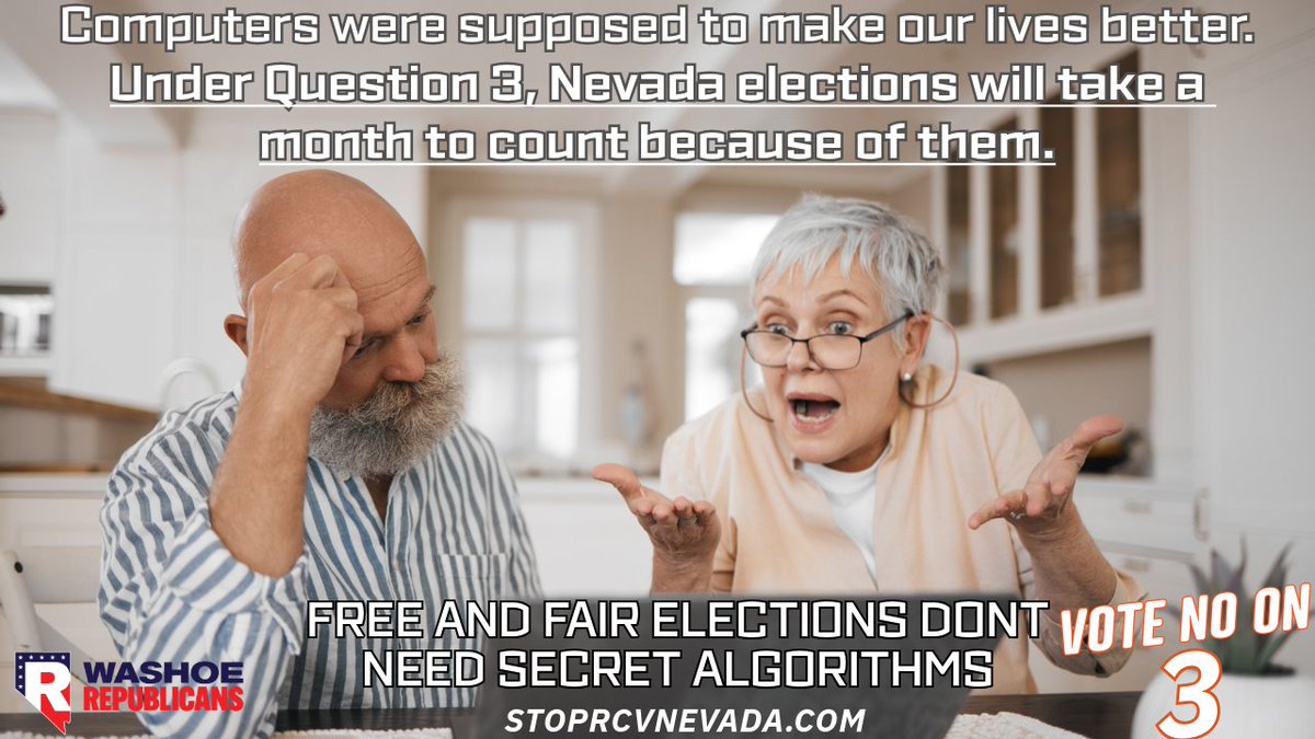 RealWashoeGOP's tweet photo. If Question 3 passes then Nevada elections will be determined with secret computer algorithms that voters cannot access.
Elections will take up to a month to conduct, causing Nevadans to lose faith in the election process.
Vote No On Question 3.
#question3 #nevada #voting #rcv https://t.co/JvryGMLDJ2