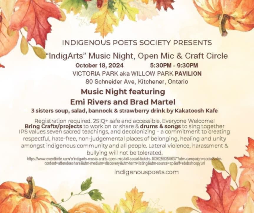 This Friday, the Indigenous Poets Society is throwing an event at the Willow River Park Pavillion! Join them for a fun night full of food, music, crafts, and open mics. Starting at 5:30 and going to 9:30pm. Register at eventbrite.ca/e/indigarts-mu…