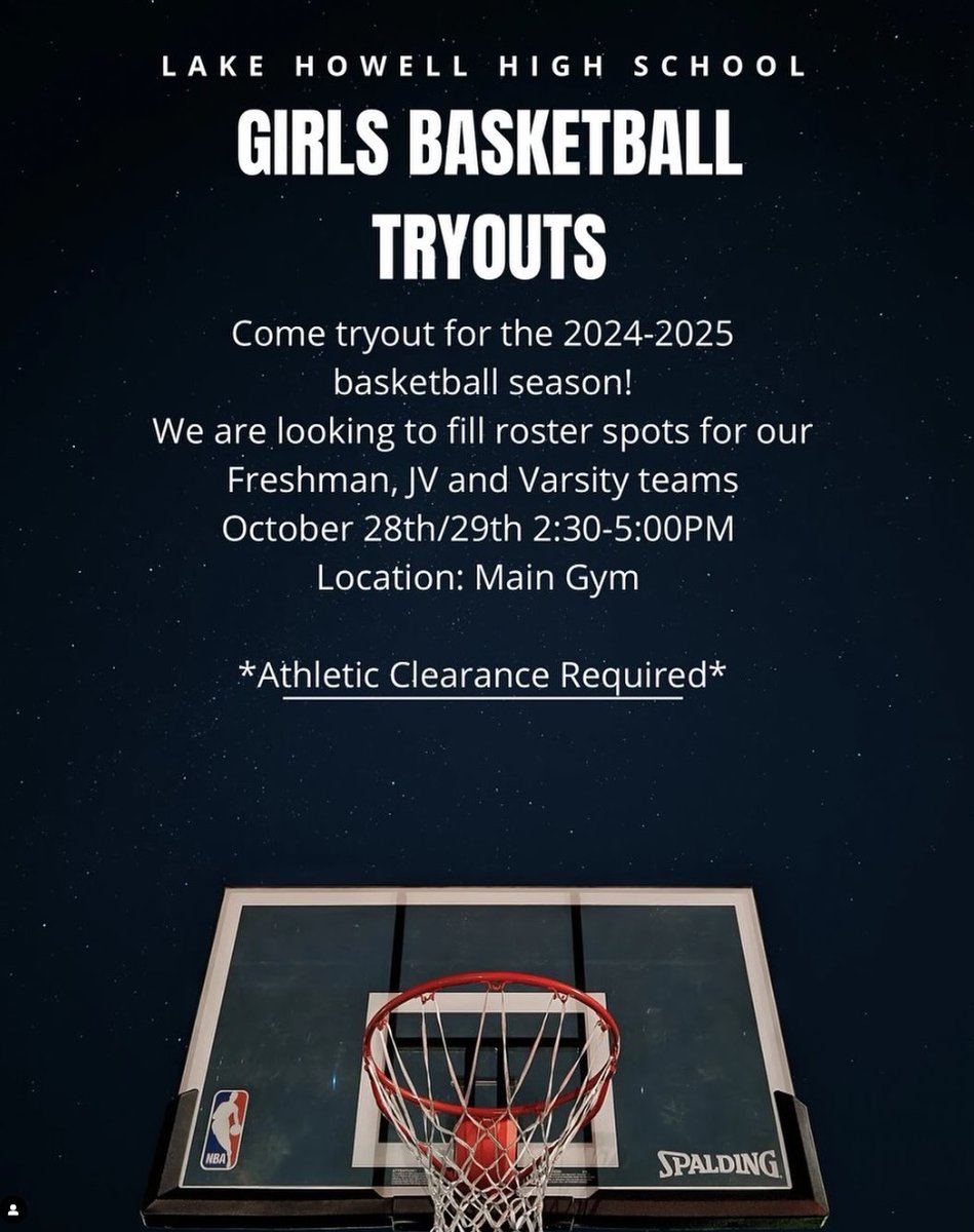 LHHS_Athletics's tweet photo. 🚨Come out to Girls Basketball tryouts October 28-29 after school until 5pm in the main gym! 🚨
We can’t wait to see you on the court! #gosilverhawks #newera #girlsbasketball
@lake_howell @Ihhssga @lhhs.ptsa #WeAreOne #HawkFamily #CommitmentToExcellence https://t.co/wBQPl5GPaV