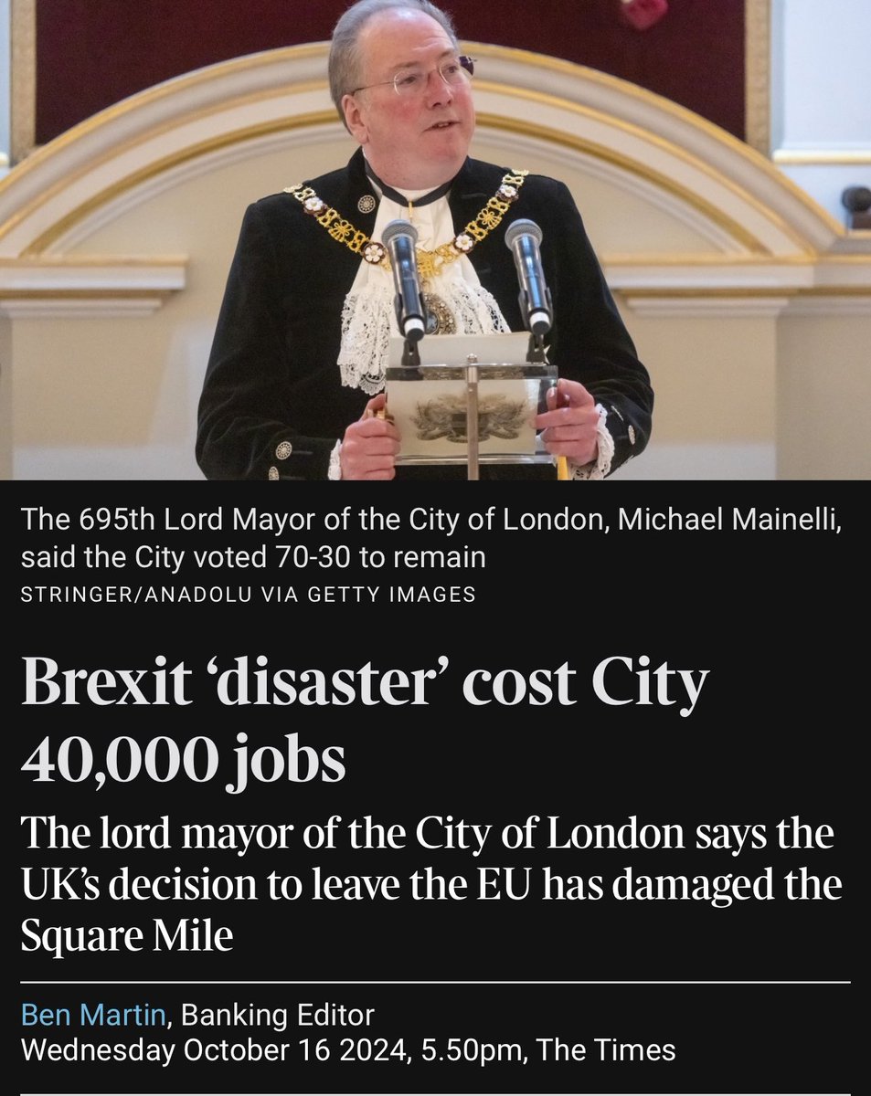 Liz Webster (@lizwebstersbf) on Twitter photo So the <a href="/citylordmayor/">Lord Mayor of London, Alastair King</a> doesn’t agree with <a href="/wesstreeting/">Wes Streeting</a>’s Brexit capitulation.
“Brexit was a disaster,” Mainelli told Reuters. “We had 525,000 workers in 2016. My estimate is that we lost just short of 40,000.”
thetimes.com/article/f82b0c… So the <a href="/citylordmayor/">Lord Mayor of London, Alastair King</a> doesn’t agree with <a href="/wesstreeting/">Wes Streeting</a>’s Brexit capitulation.
“Brexit was a disaster,” Mainelli told Reuters. “We had 525,000 workers in 2016. My estimate is that we lost just short of 40,000.”
thetimes.com/article/f82b0c…