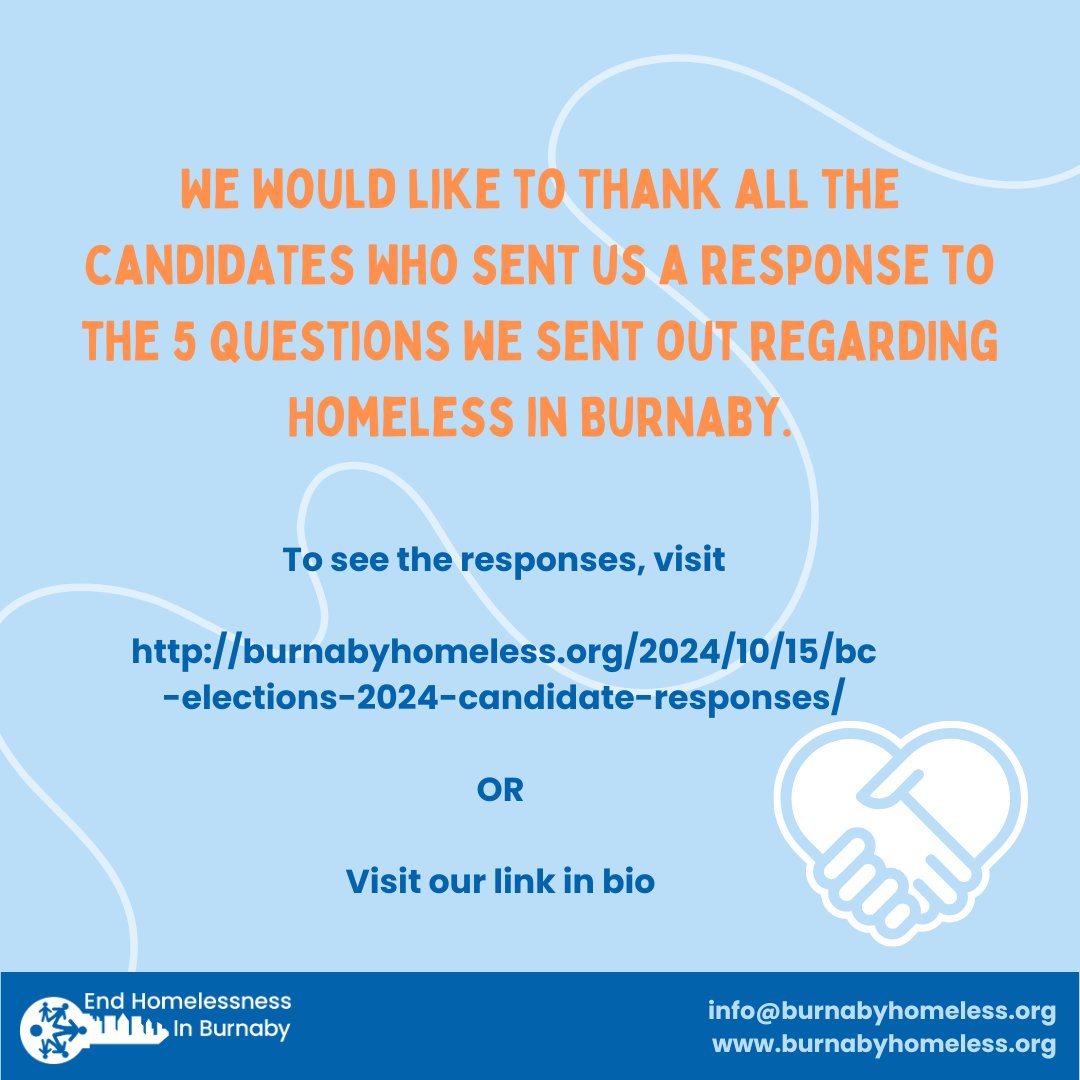 October 13 to 19, 2024 is Homelessness Action Week in BC. In the spirit of HAW 2024, we reached out to all the candidates running in the Burnaby region on October 1 for their responses to 5 questions regarding Homelessness in Burnaby: burnabyhomeless.org/2024/10/15/bc-… #BCelection2024