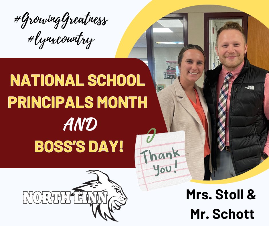 Happy National School Principals Month and Boss's Day! Sending a huge thank you to Mrs. Stoll and Mr. Schott who lead with dedication. Your impact is invaluable! #GrowingGreatness #lynxcountry #ThankAPrincipal