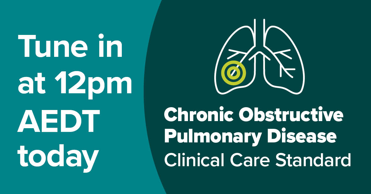 ACSQHC's tweet image. TUNE IN TODAY | Learn about the new Chronic Obstructive Pulmonary Disease #CCS. Watch our webcast discussion with a multidisciplinary expert panel who work with #COPD patients. #generalpractice #nursing #physiotherapy #respiratorymedicine

safetyandquality.tv/copd-ccs