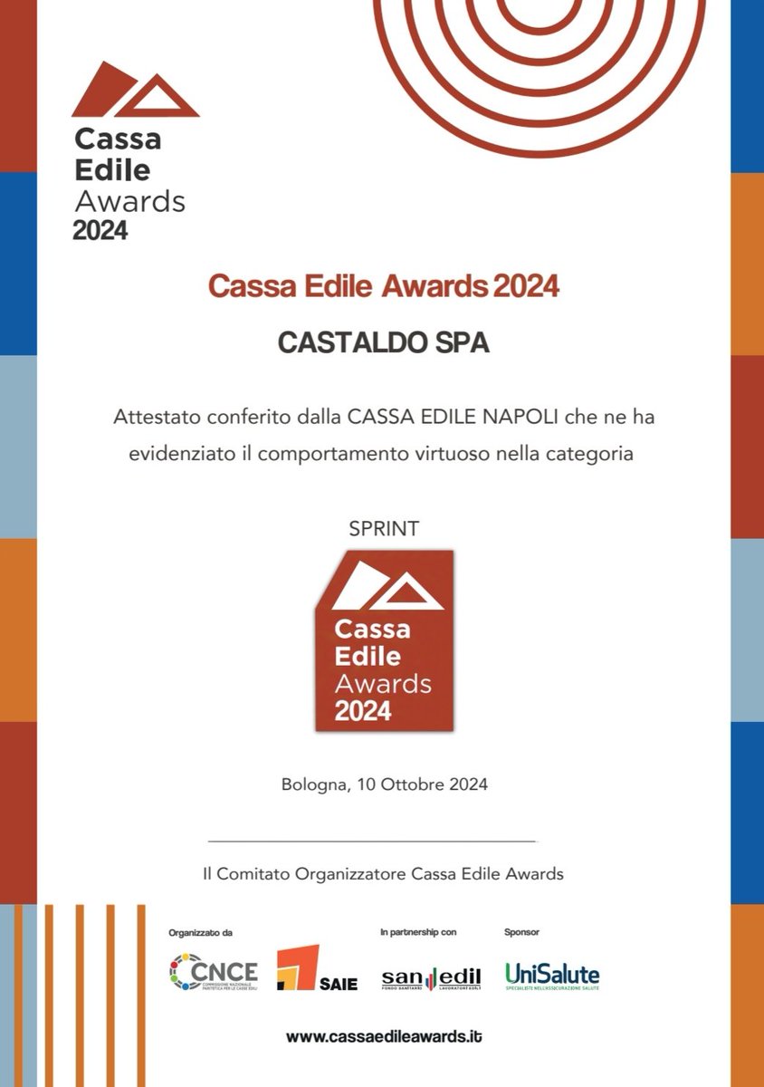 CastaldoSpa's tweet photo. Siamo lieti di comunicare che la ns azienda è risultata vincitrice del C.E. Awards 2024. 
Obiettivo di questo prestigioso riconoscimento è quello di valorizzare aziende checontrastano la concorrenza sleale distinguendosi per il rispetto delle regole e dei CCN.
#castaldospa https://t.co/BjcnStczyJ