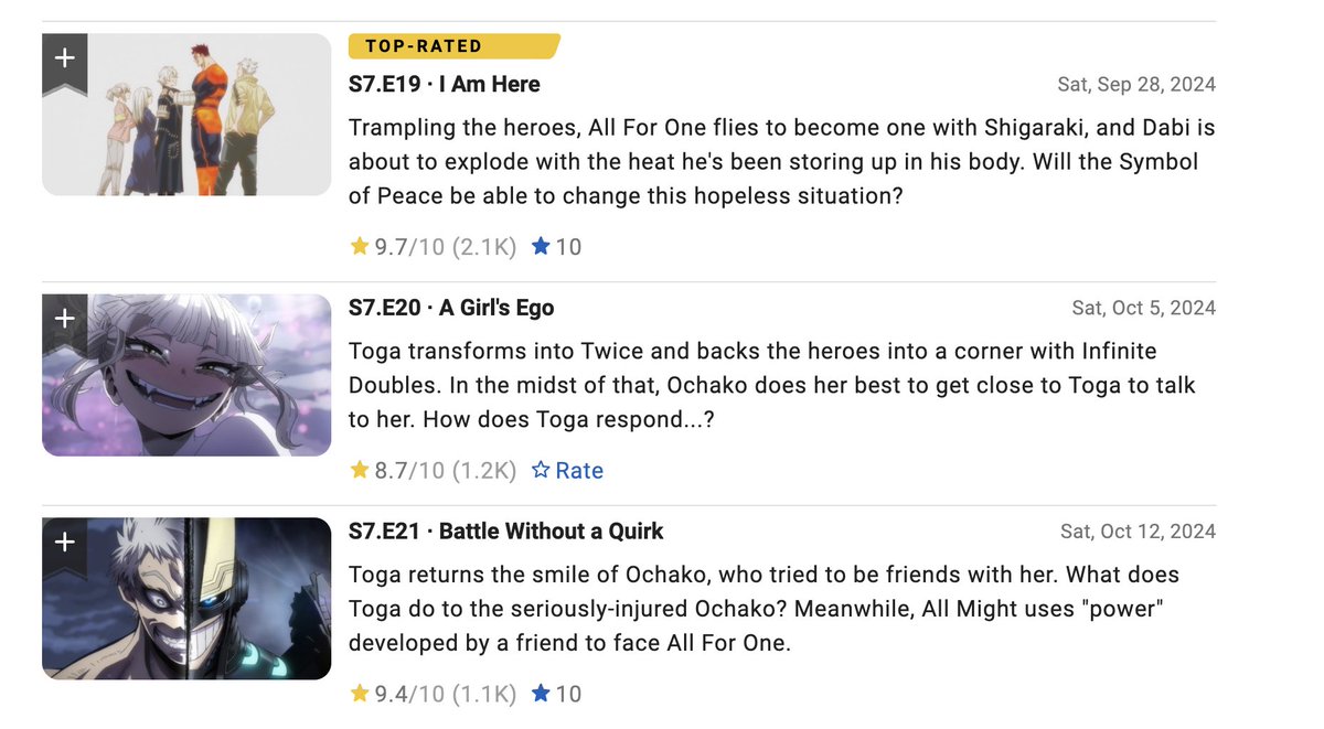 sarani_mukoe_'s tweet photo. I am still requesting you all to go and rate Episode 20 of My Hero Academia Season 7, fairly as it deserves. The all three concluding episodes have been amazing and Toga's end deserves more love everyone. 😭🙏 #MyHeroAcademia #MHAS7 https://t.co/S7QbvtDkwK