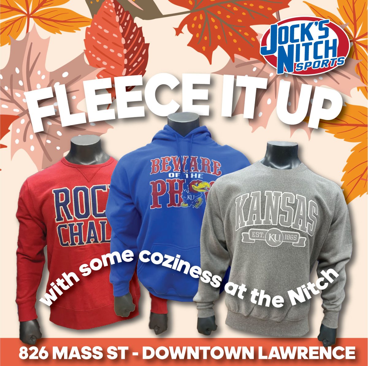 Perfect time of year to upgrade your Fleece.  Loads of new crews and hoods. We have something for everyone! #RockChalk