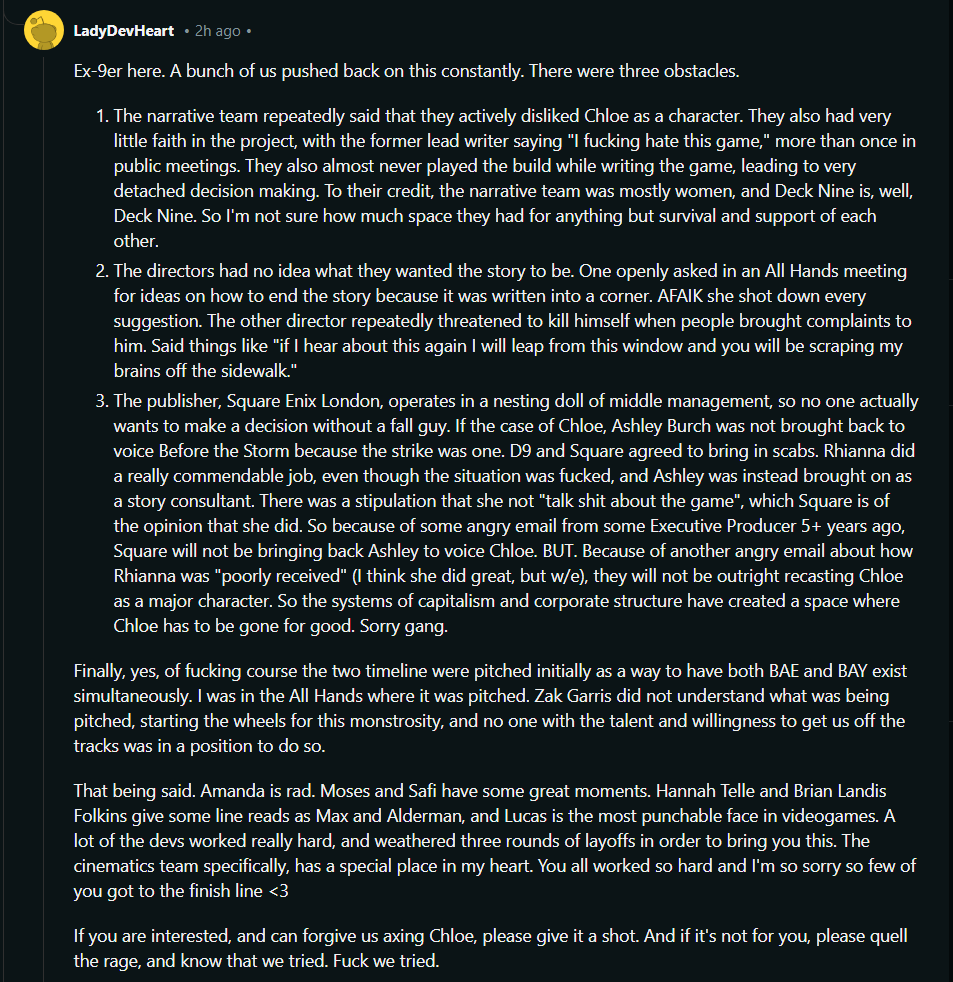 Interesting post from an alleged ex-decknine employee.
No idea if it's true but it sure would explain what they did to Chloe in DE