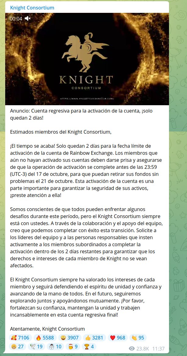mis2centavos's tweet photo. 🔴 #RainbowEX / #KnightConsortium
Los estafadores siguen prometiendo que dentro de 2 días "se activarán" las cuentas para poder retirar el dinero.
Para eso, obviamente, tienen que depositar los 88 dólares (ya llevan recaudados más de 200.000). 🤷♂️ https://t.co/LnrJlsrn50