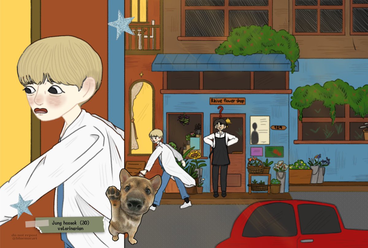bluenueart's tweet photo. คุณเจ้าของร้านดอกไม้จะออกมาดูดอกไม้หน้าร้านซักหน่อยแต่เหมือนเห็นหมาสองตัว (?) วิ่งผ่านหน้าร้านไปนะ 🐕🪴 #namjoon #jhope #hopemon #namhope #btsfanart #hoseok #rm https://t.co/ewbYWXUCwM