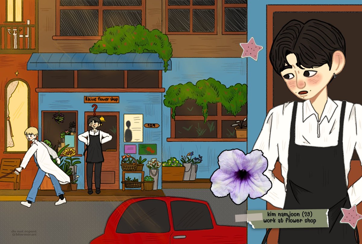 bluenueart's tweet photo. คุณเจ้าของร้านดอกไม้จะออกมาดูดอกไม้หน้าร้านซักหน่อยแต่เหมือนเห็นหมาสองตัว (?) วิ่งผ่านหน้าร้านไปนะ 🐕🪴 #namjoon #jhope #hopemon #namhope #btsfanart #hoseok #rm https://t.co/ewbYWXUCwM