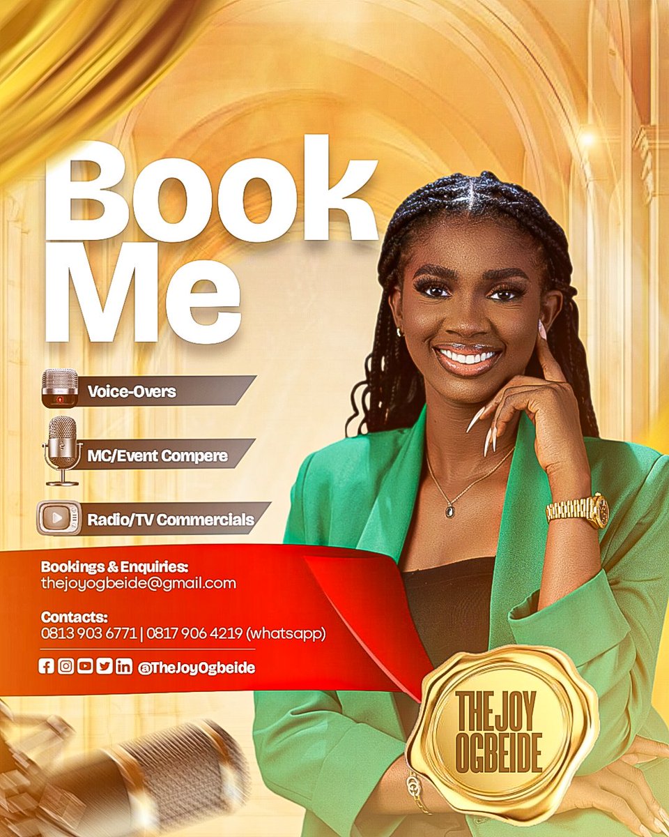 Your next project is in good hands. Let's talk. 

#TheJoyOgbeide #Host #TV #RADIO #voiceover #compere