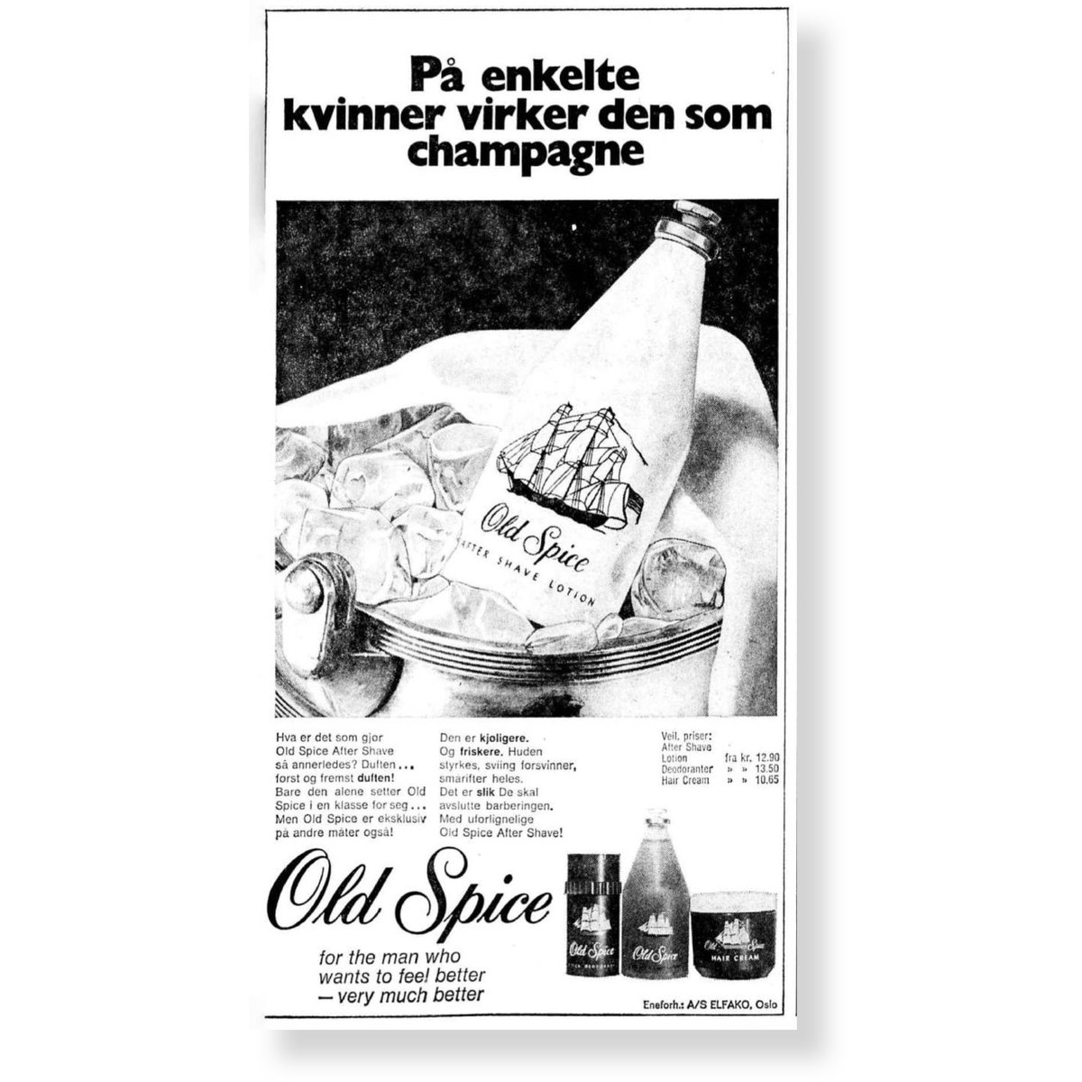 Aftenposten arkiv (@aftarkiv) on Twitter photo «På enkelte kvinner virker den som champagne.» Reklame for Old Spice aftershave i <a href="/Aftenposten/">Aftenposten</a> for 55 år siden #pådennedag, 16. oktober 1969 #aftarkiv «På enkelte kvinner virker den som champagne.» Reklame for Old Spice aftershave i <a href="/Aftenposten/">Aftenposten</a> for 55 år siden #pådennedag, 16. oktober 1969 #aftarkiv