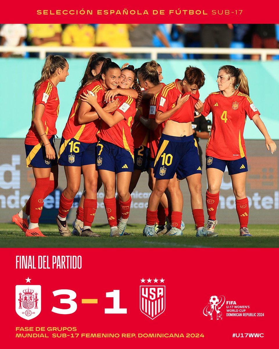 SEFutbolFem's tweet photo. 𝙁𝙄𝙉𝘼𝘼𝘼𝙇 𝘿𝙀𝙇 𝙋𝘼𝙍𝙏𝙄𝘿𝙊

Victoria clave de la Selección sub-17 para empezar el Mundial 

🇪🇸 3-1 🇺🇸 

#U17WWC https://t.co/bnUIS6lTgh