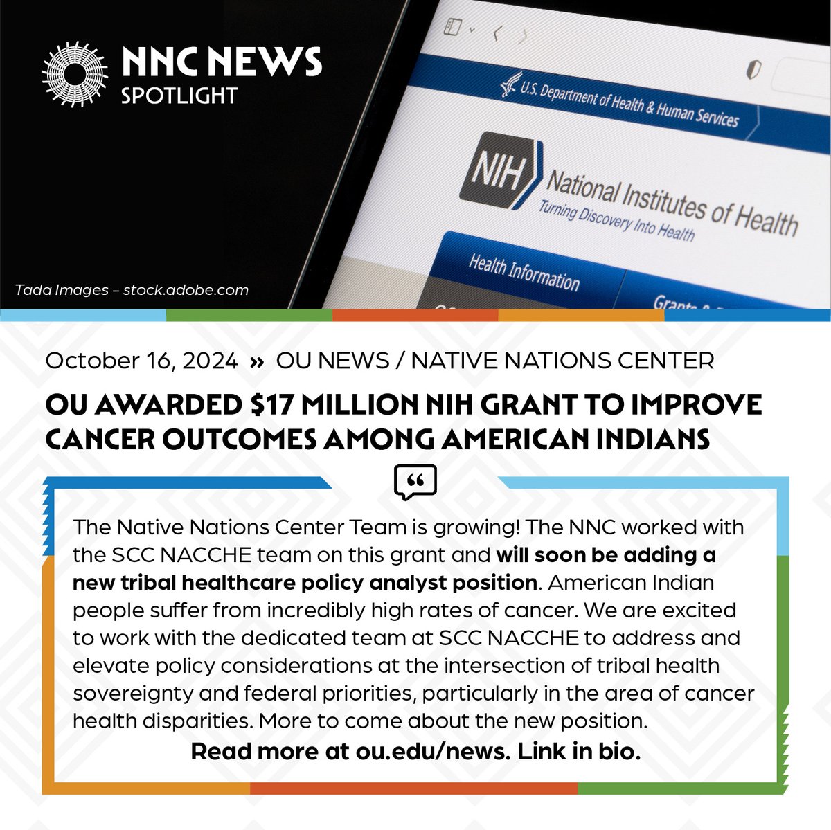 OUNativeNations's tweet photo. The Native Nations Center Team is growing! The NNC worked with the SCC NACCHE team on this grant and will soon be adding a new tribal healthcare policy analyst position. https://t.co/lp5sscP0Jp