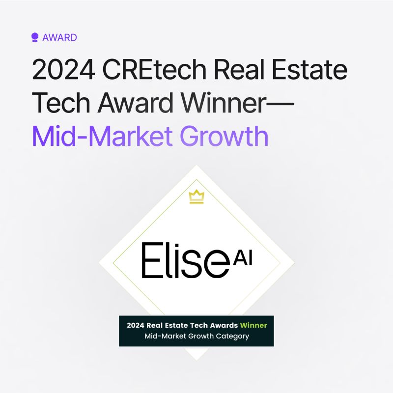 EliseAI_USA's tweet photo. ๐ EliseAI is a back-to-back winner! ๐ We're thrilled to receive the prestigious CREtech RETA Mid-Market Growth award for the second consecutive year. ๐ฅ #EliseAI #CREtech #Innovation #RealEstate #AwardWinner #Sustainability https://t.co/uOTT9GqJBr