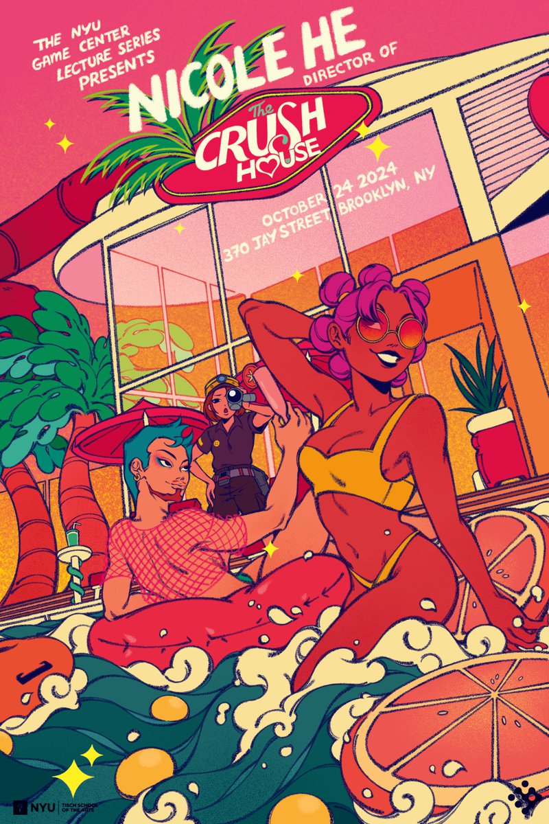 📹🏡NYU Game Center Lecture Series Presents Nicole He🏡📹
Thurs. Oct. 24th, 7pm - 8:30pm
IRL &amp; LIVE at twitch.tv/nyugamecenter

<a href="/nicolehe/">Nicole He</a>, director of <a href="/TheCrushHouse/">The Crush House OUT NOW!</a>, is visiting for a guest lecture and Q&amp;A!

RSVP and info here: nicolehelectureseries.eventbrite.com

Poster by <a href="/bampshi/">🅱️amps</a>