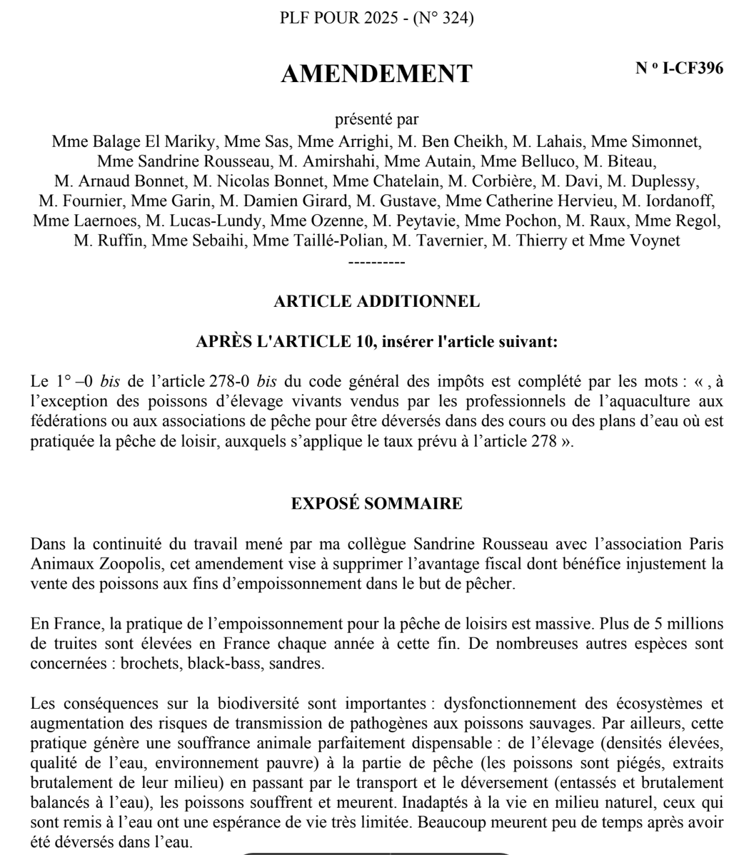 paz_zoopolis's tweet image. 💰#PLF2025 #Budget2025 #PêcheDeLoisir

🎣🪝Suite à nos sollicitations, @LeaBalage et son groupe @EcolosAN ont déposé un amendement visant à mettre un taux de TVA à 20% pour les ventes de #poissons pour l'#empoissonnement (au lieu de 5,5%)👏#loisir 

Nous appelons à son adoption🗳️