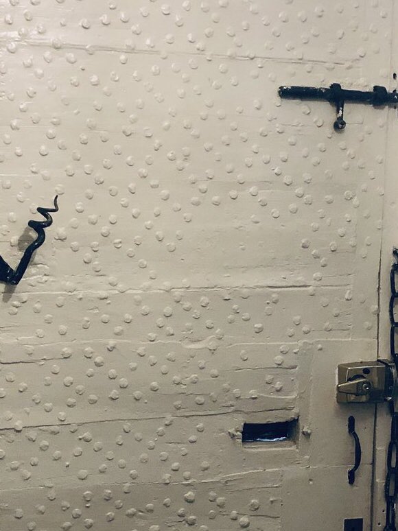 HistoryOfStokey's tweet photo. According to architect Darren Silk, the front door of 130 Stoke Newington Church St is original from the 1720s, making it one of the oldest if not the oldest residential front door in Stoke Newington potentially.

I’ve been wondering what all the dots on the door were. Turns out they are nails/studs. Here’s Darren’s explanation: “The planks in the inner with the nails all across the face is an old technique to prevent axes from cutting into it. Derived from castles. 

Usually spiked on the exterior, but in this instance likely to both hold the planks on for reinforcement, and to catch anything trying to get though. Nails get axes jammed as they get caught between the nails, and these are facing outwards, so if someone managed to get though what looked like a conventional door they'd be faced with sharp nail ends. I can only imagine how bad that would have been in the age before tetanus injections”